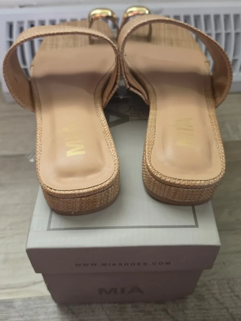 MIA Beige Woven Slide Sandals with Gold Toe Ring